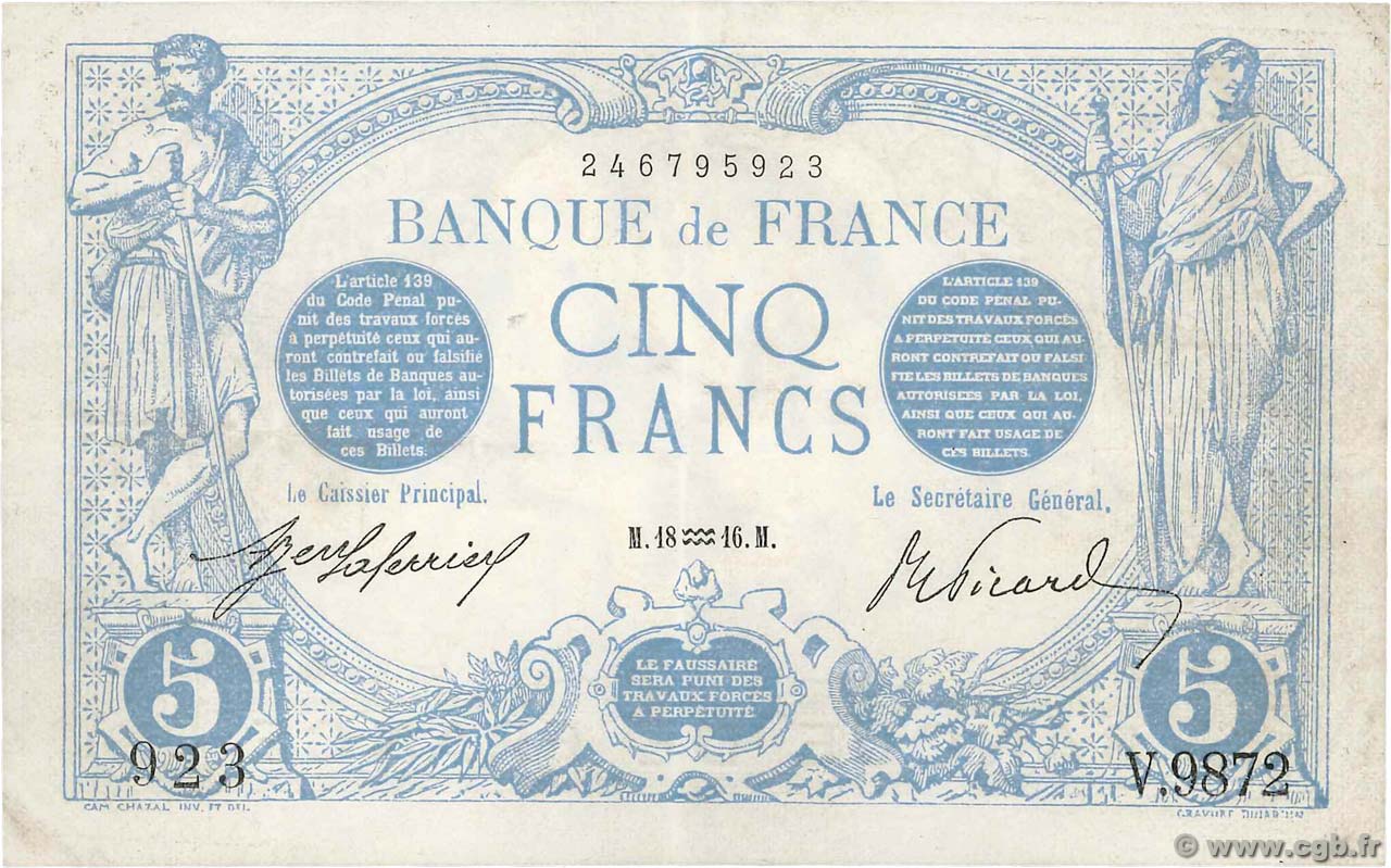 5 Francs BLEU FRANCIA  1916 F.02.35 SPL