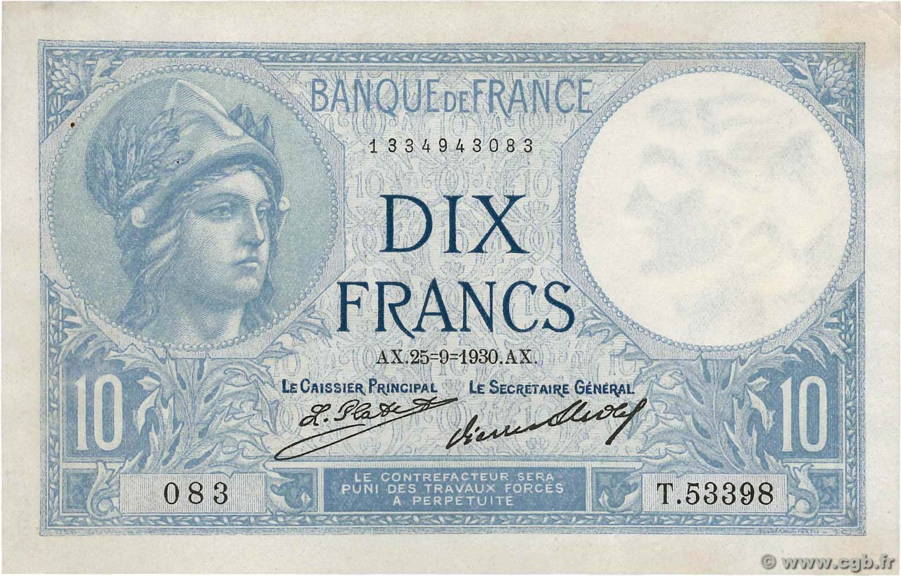 10 Francs MINERVE FRANCE  1930 F.06.14 SUP