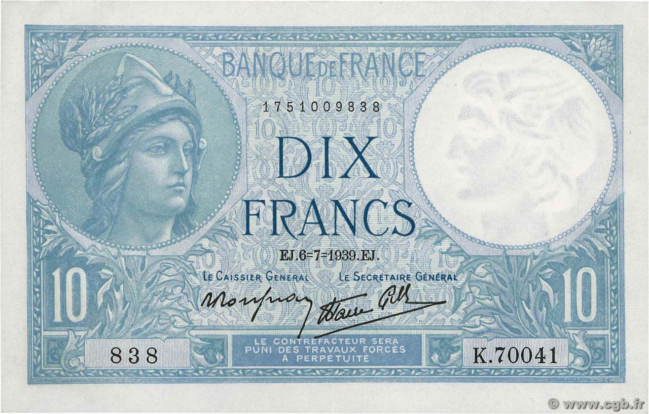 10 Francs MINERVE modifié FRANCE  1939 F.07.04 AU-