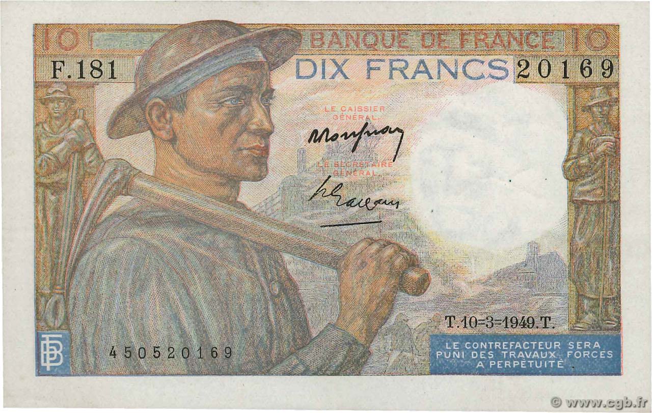 10 Francs MINEUR FRANCE  1949 F.08.20 XF