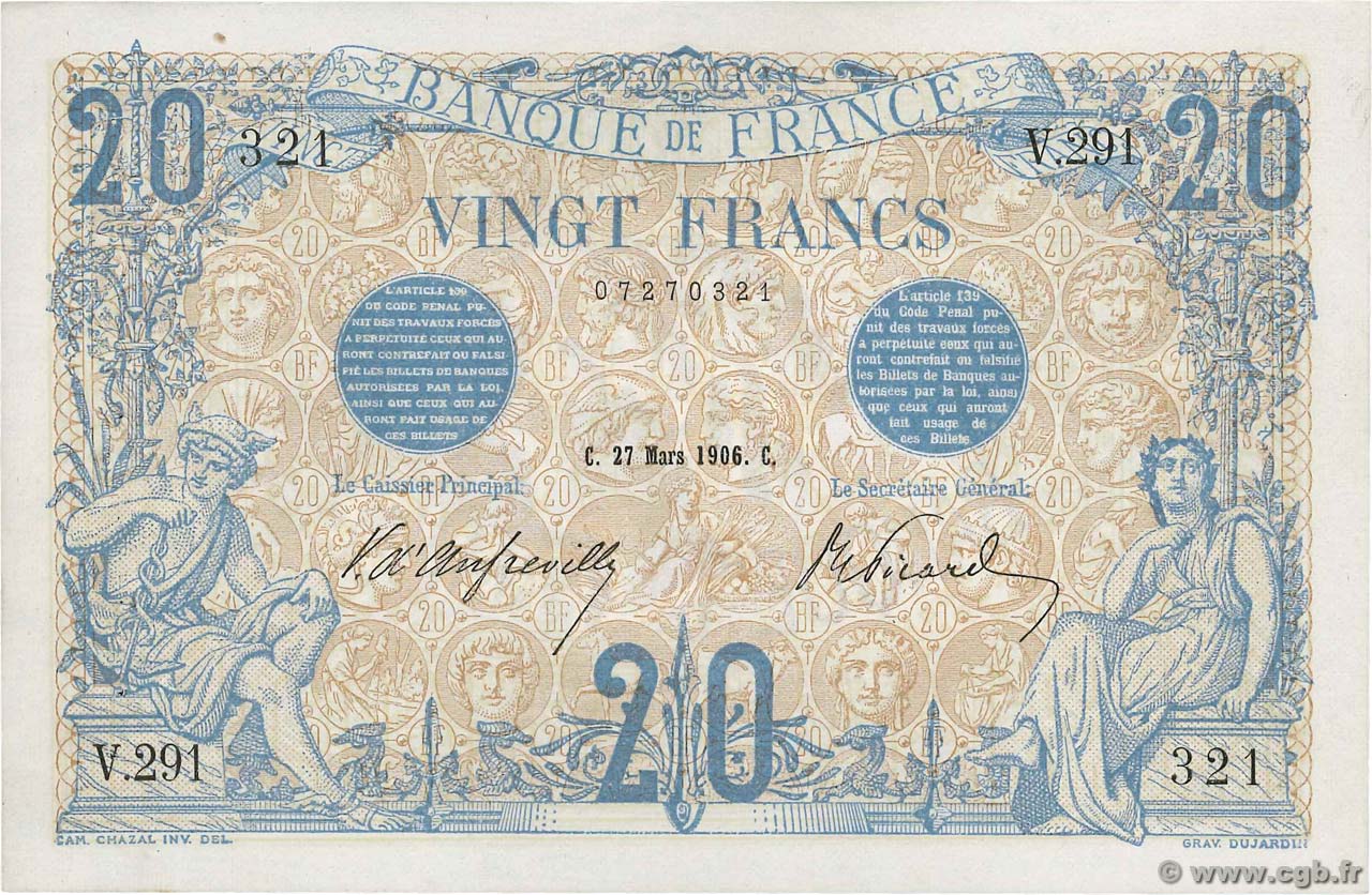 20 Francs BLEU FRANCE  1906 F.10.01 XF