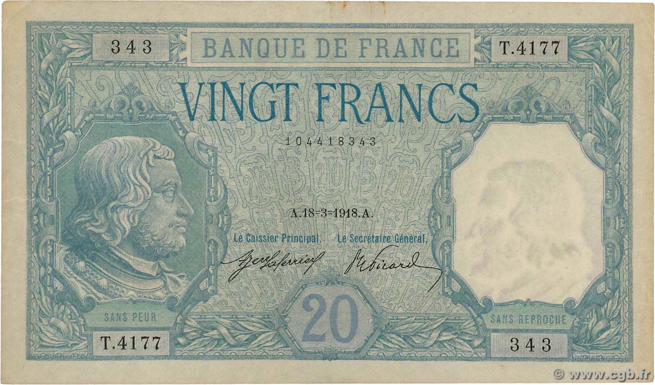 20 Francs BAYARD FRANKREICH  1918 F.11.03 SS
