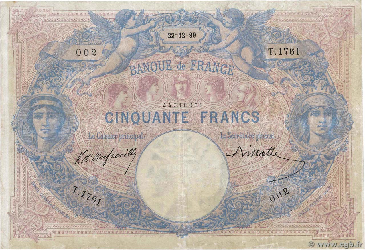 50 Francs BLEU ET ROSE Grand numéro FRANCE  1899 F.14.11 TB