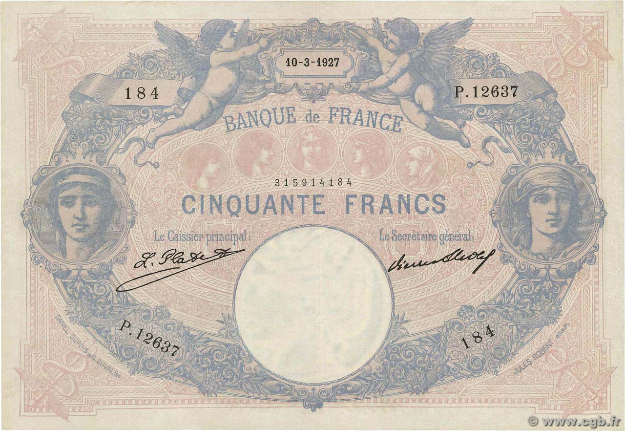 50 Francs BLEU ET ROSE FRANCE  1927 F.14.40 TTB
