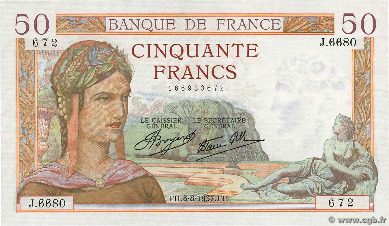 50 Francs CÉRÈS modifié FRANKREICH  1937 F.18.01 VZ