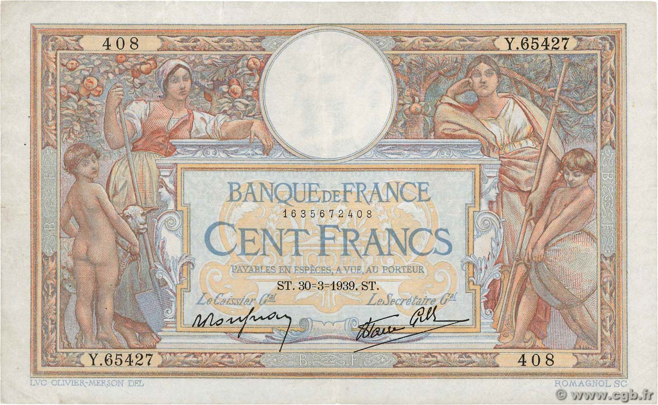 100 Francs LUC OLIVIER MERSON type modifié FRANCIA  1939 F.25.44 BC+