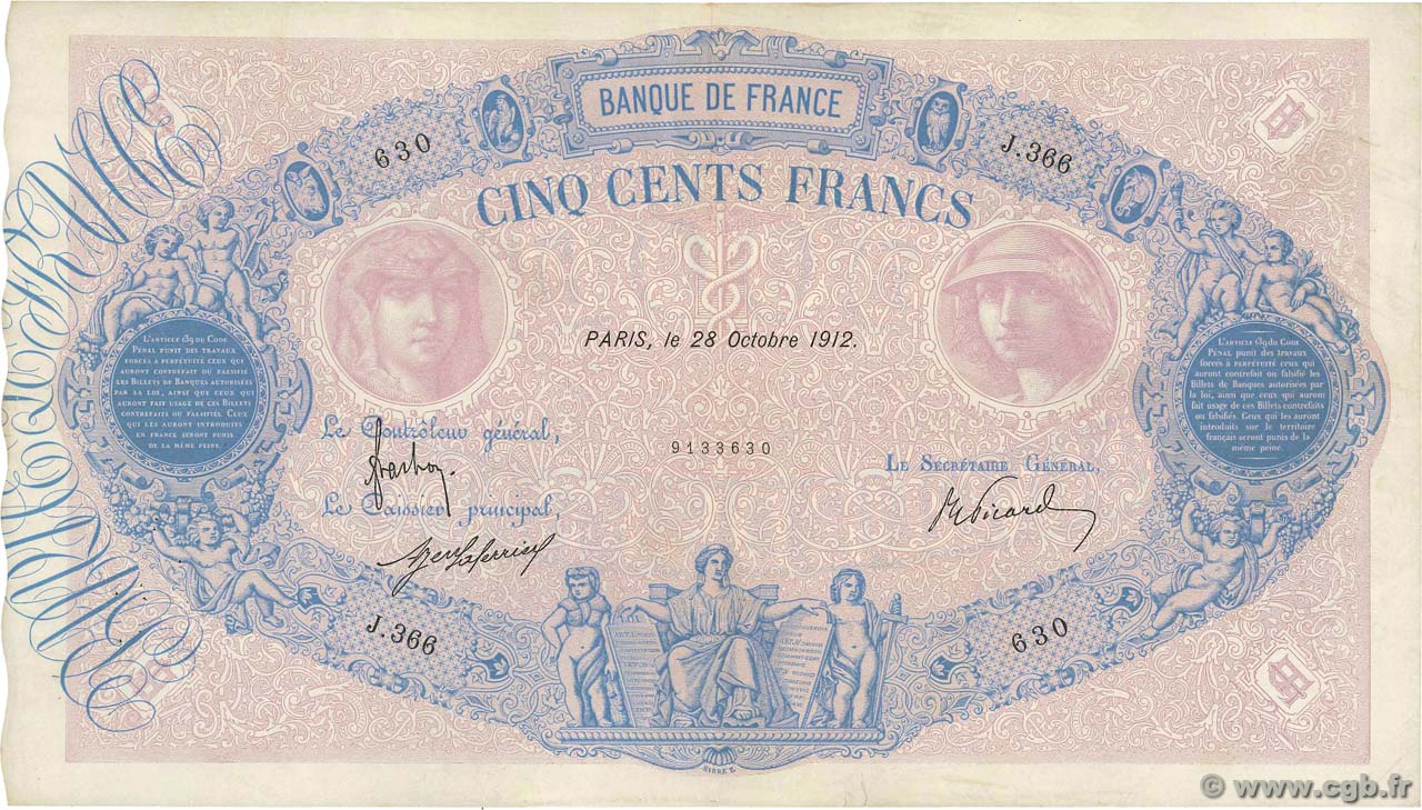 500 Francs BLEU ET ROSE FRANCIA  1912 F.30.20 MBC