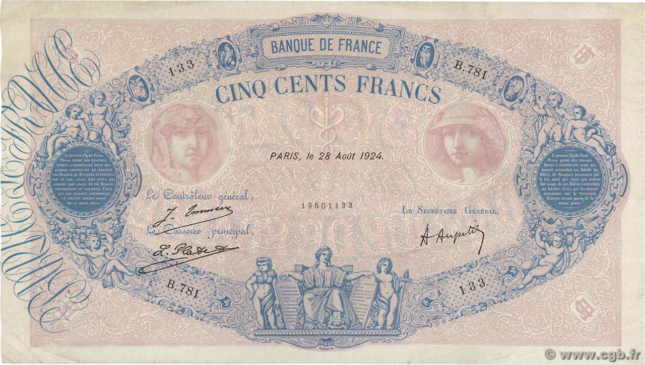 500 Francs BLEU ET ROSE FRANCIA  1924 F.30.28 MBC