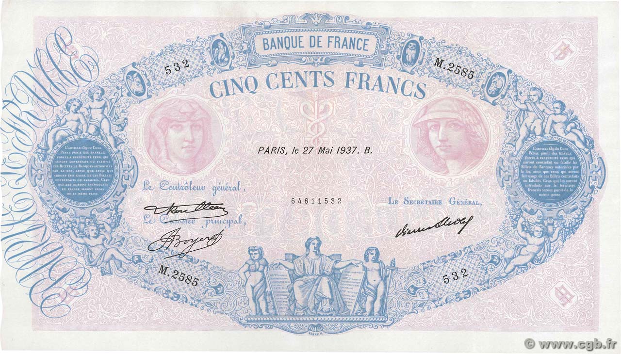 500 Francs BLEU ET ROSE FRANCIA  1937 F.30.38 q.SPL