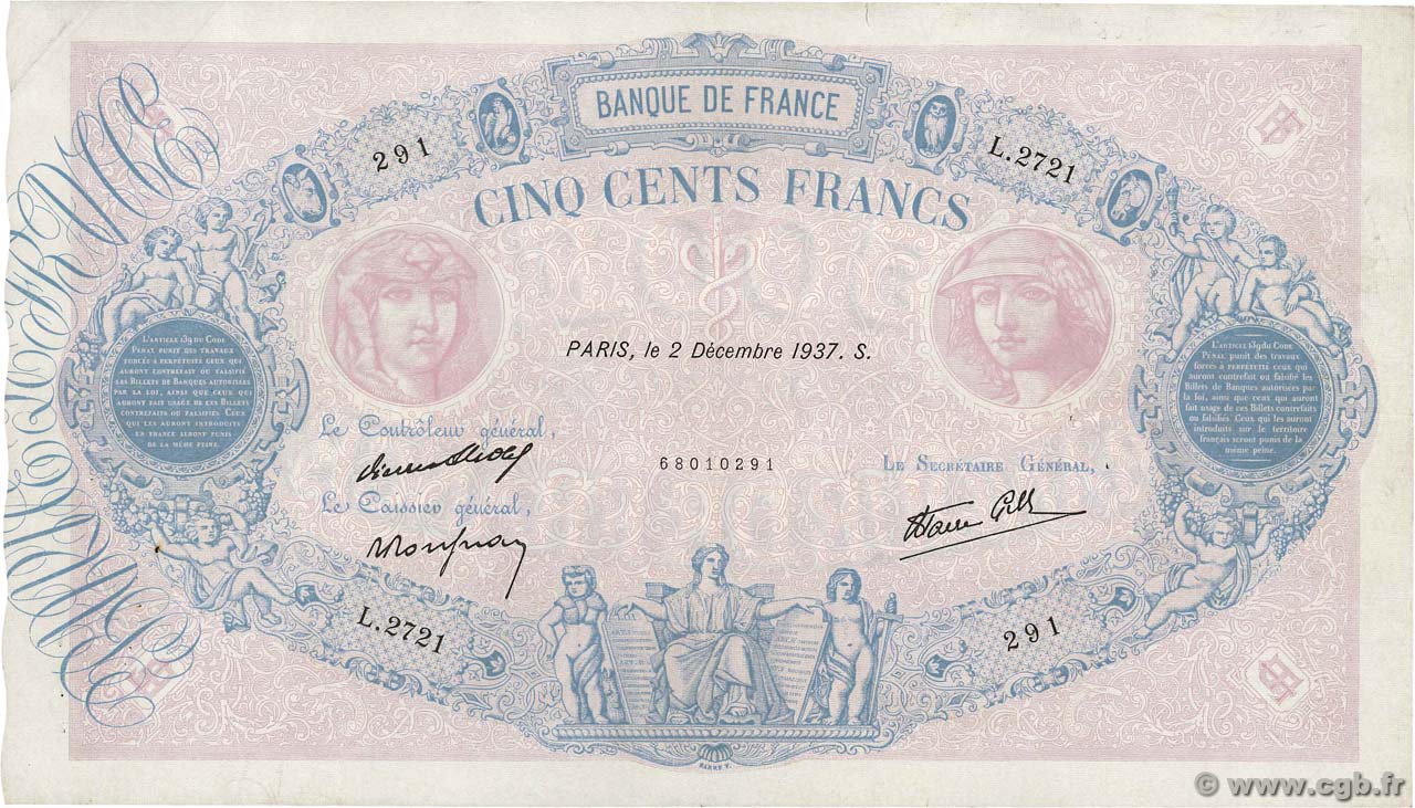 500 Francs BLEU ET ROSE modifié FRANCIA  1937 F.31.04 BB