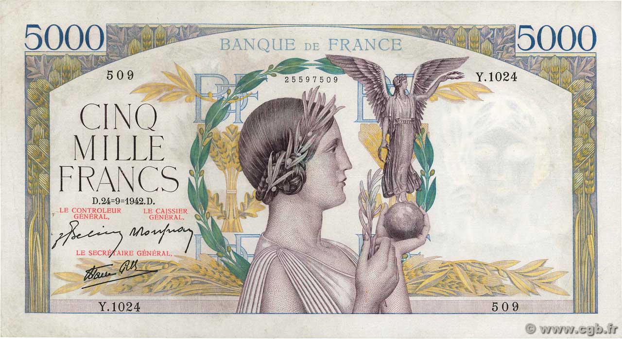 5000 Francs VICTOIRE Impression à plat FRANCE  1942 F.46.41 VF