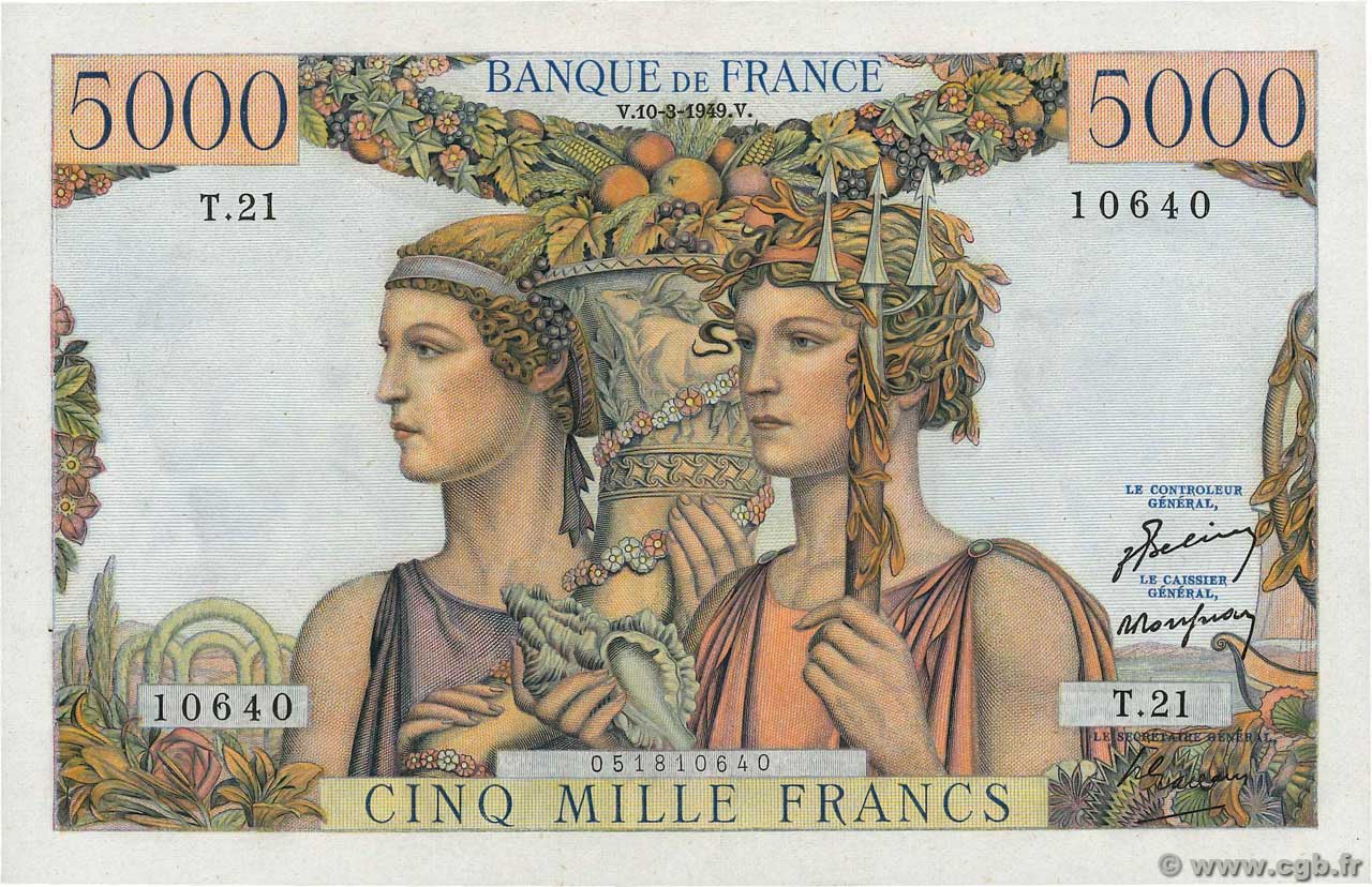 5000 Francs TERRE ET MER FRANKREICH  1949 F.48.01 fST