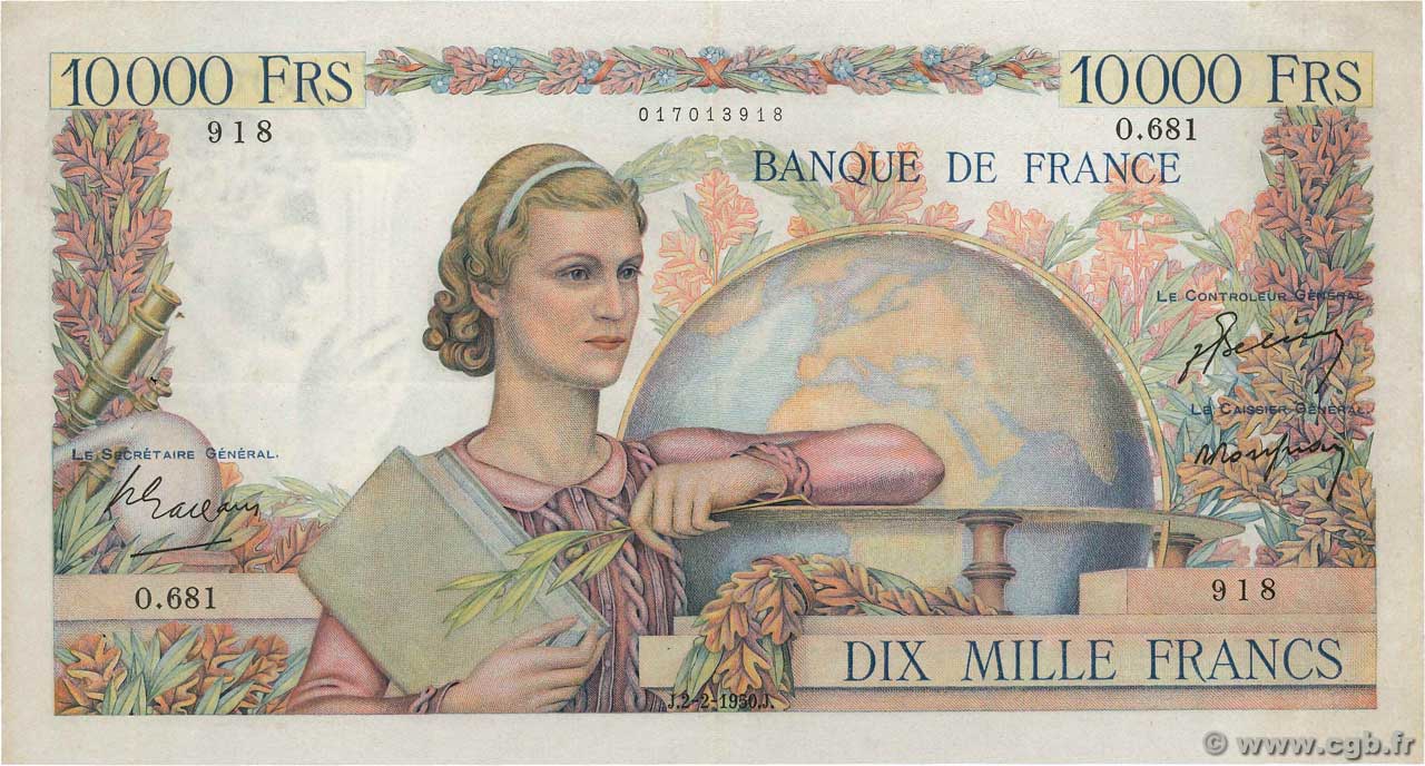 10000 Francs GÉNIE FRANÇAIS FRANCIA  1950 F.50.29 q.SPL