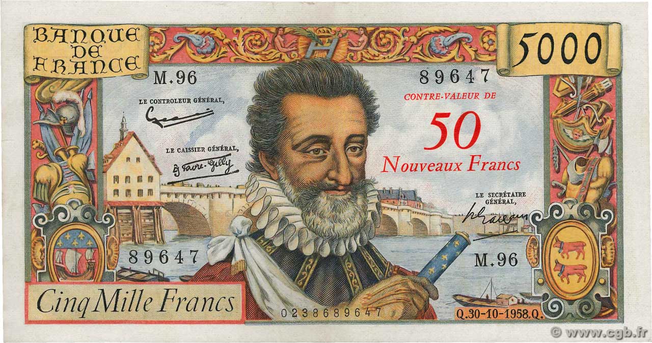 50 NF sur 5000 Francs HENRI IV FRANKREICH  1958 F.54.01 fST