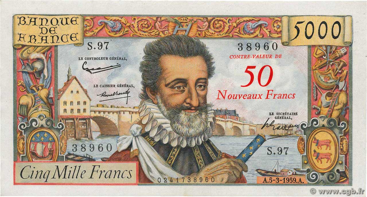 50 NF sur 5000 Francs HENRI IV FRANCE  1959 F.54.02 AU-