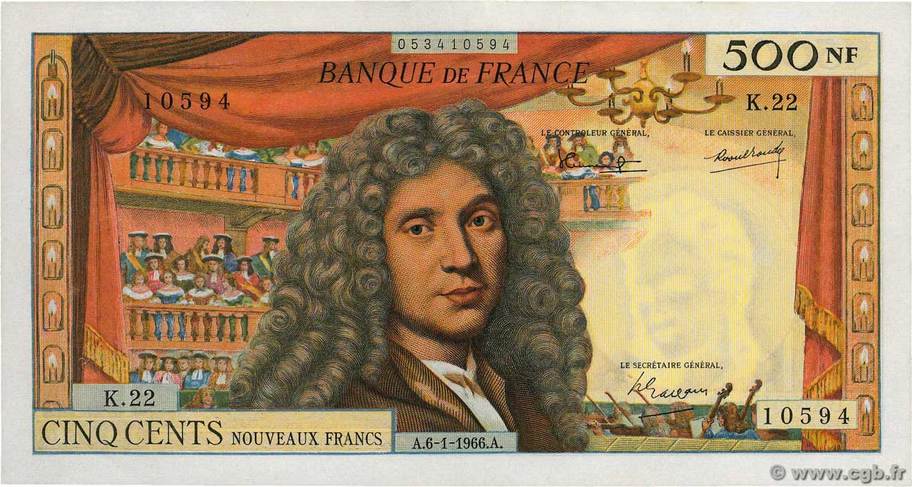500 Nouveaux Francs MOLIÈRE FRANCE  1966 F.60.09 pr.SUP