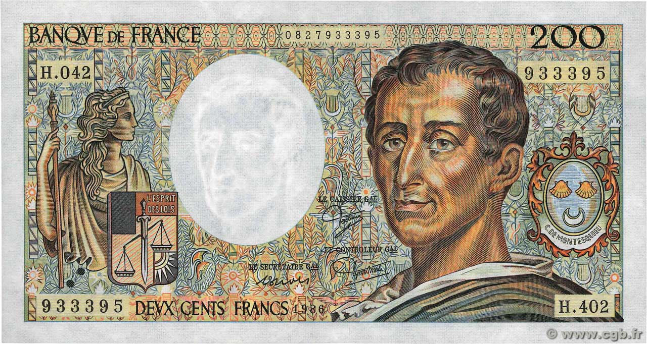 200 Francs MONTESQUIEU alphabet H.402 FRANCIA  1986 F.70ter.01 EBC+