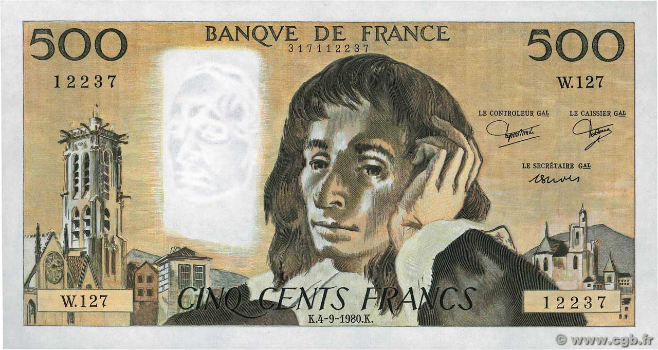 500 Francs PASCAL FRANCE  1980 F.71.22 UNC-