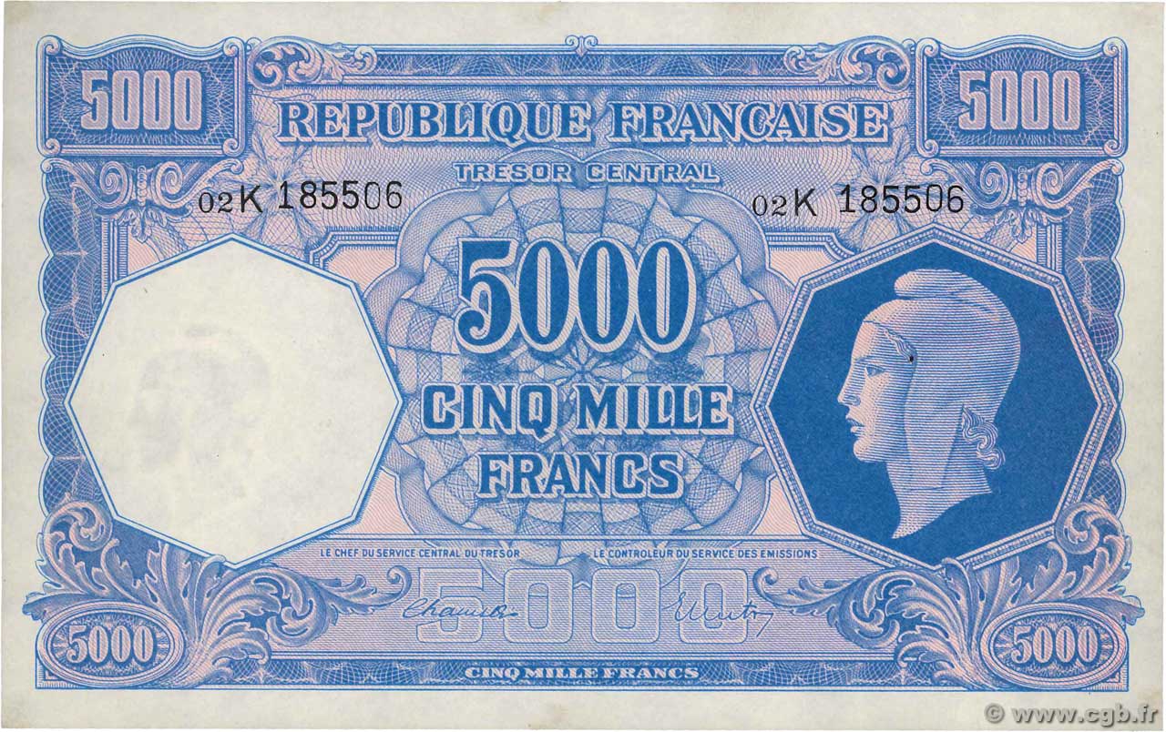 5000 Francs MARIANNE FRANCIA  1945 VF.14.01 AU