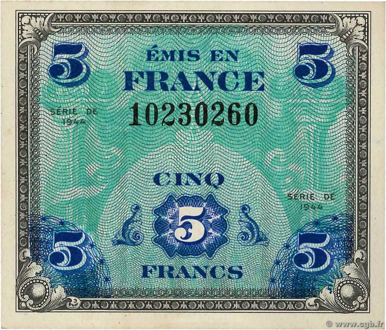 5 Francs DRAPEAU FRANCE  1944 VF.17.01 AU