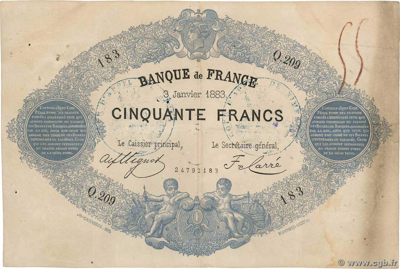 50 Francs type 1868 Indices Noirs Faux FRANKREICH  1883 F.A38.13x fSS