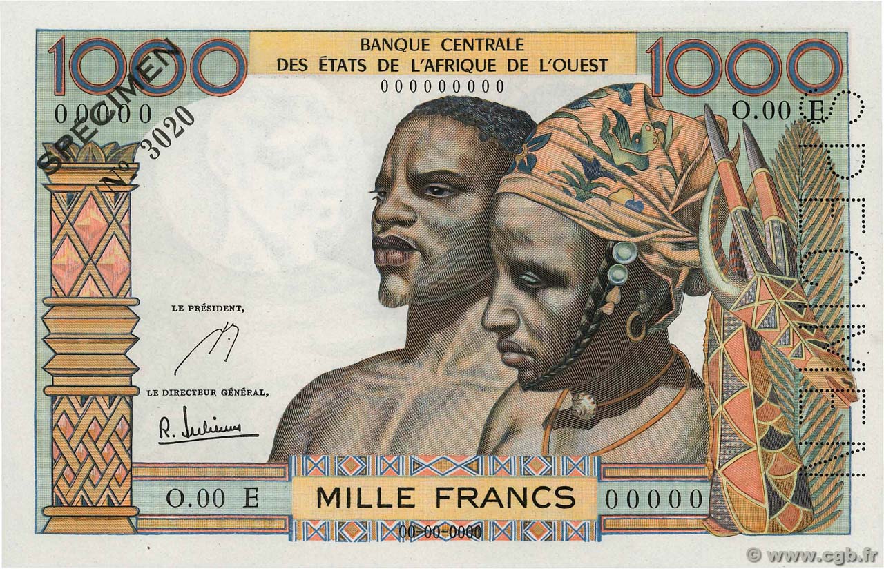 1000 Francs Spécimen WEST AFRIKANISCHE STAATEN  1961 P.503Es fST+