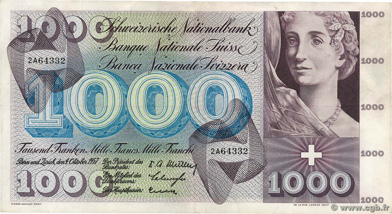 1000 Francs SWITZERLAND  1957 P.52b VF