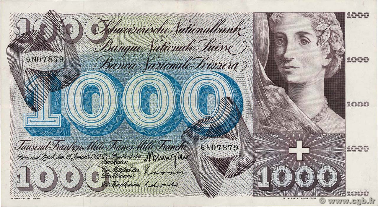 1000 Francs SWITZERLAND  1972 P.52k XF