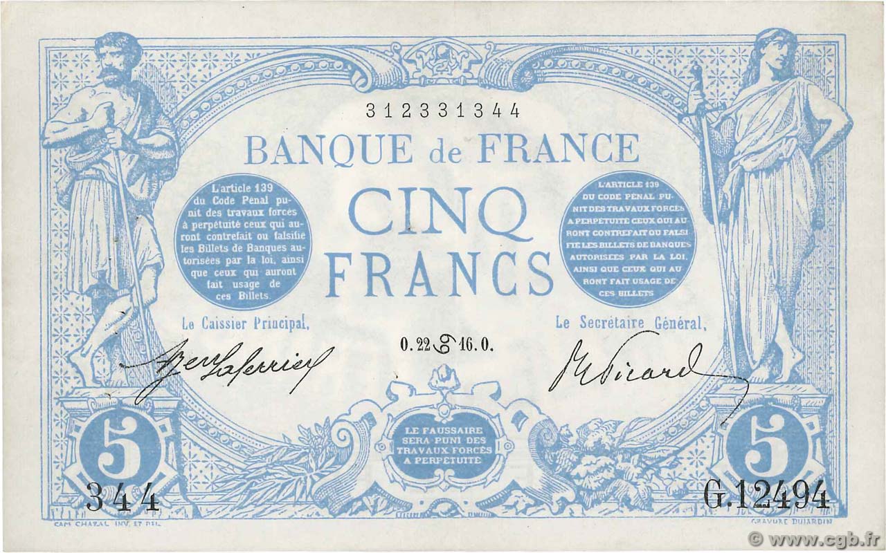 5 Francs BLEU FRANCIA  1916 F.02.40 MBC+