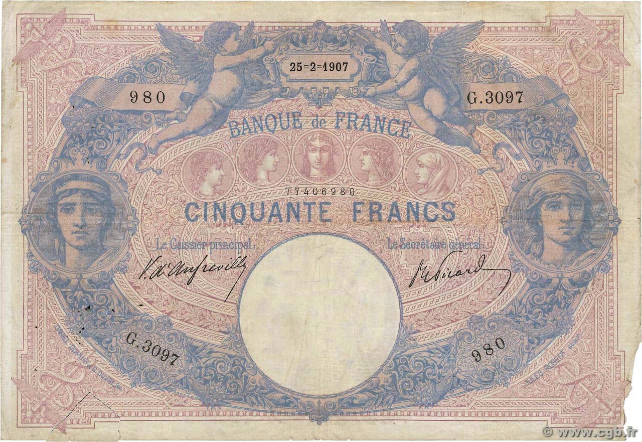 50 Francs BLEU ET ROSE FRANKREICH  1907 F.14.19 fSGE
