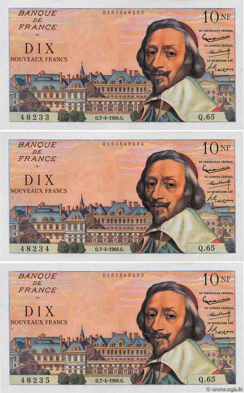 10 Nouveaux Francs RICHELIEU Consécutifs FRANCIA  1960 F.57.06 EBC+