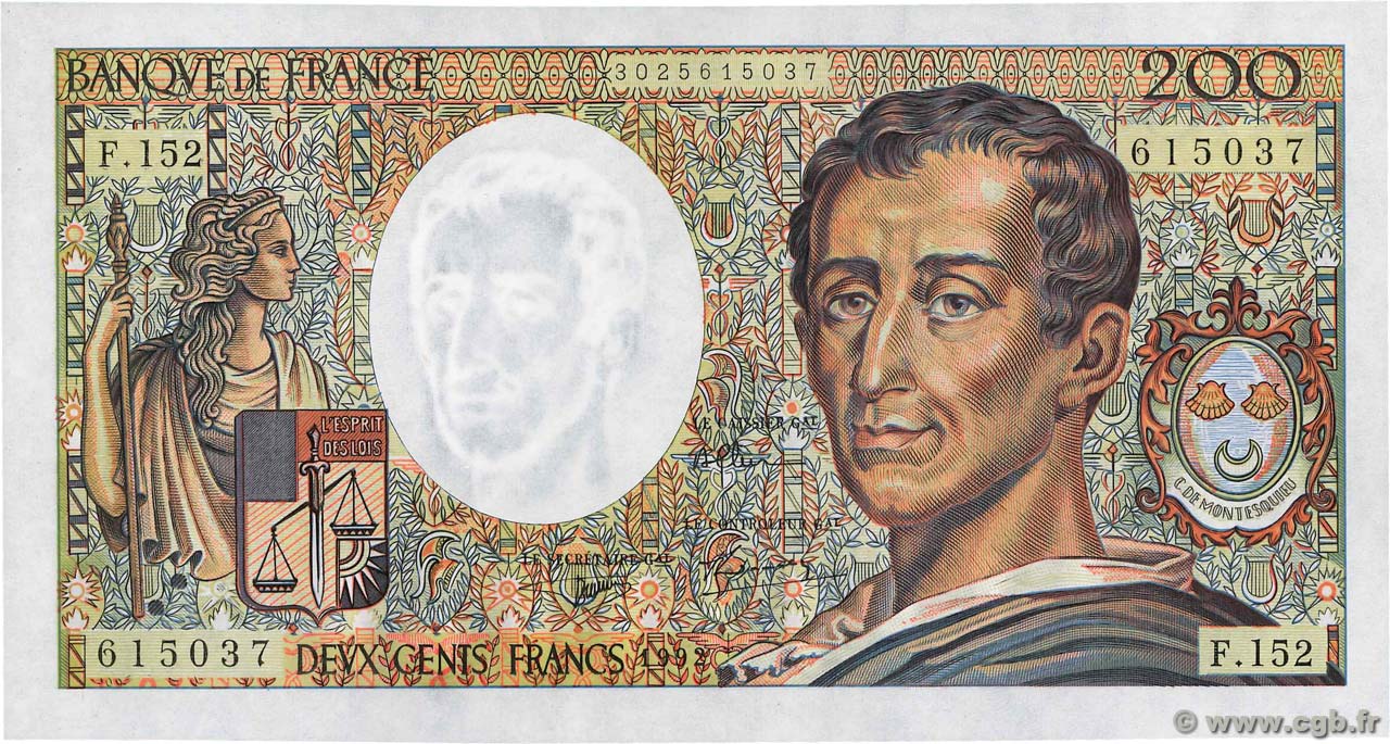 200 Francs MONTESQUIEU Fauté FRANCIA  1992 F.70.12c AU+