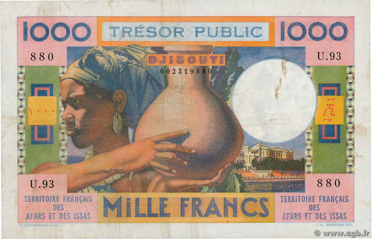 1000 Francs FRENCH AFARS AND ISSAS  1974 P.32 VF