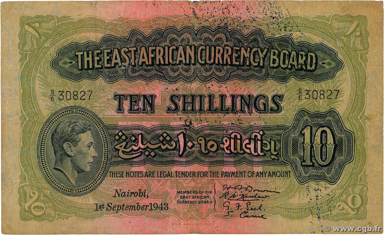 10 Shillings AFRICA DI L EST BRITANNICA   1943 P.29b q.BB