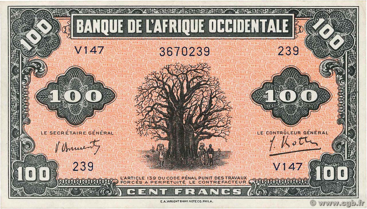 100 Francs FRENCH WEST AFRICA  1942 P.31a UNC-