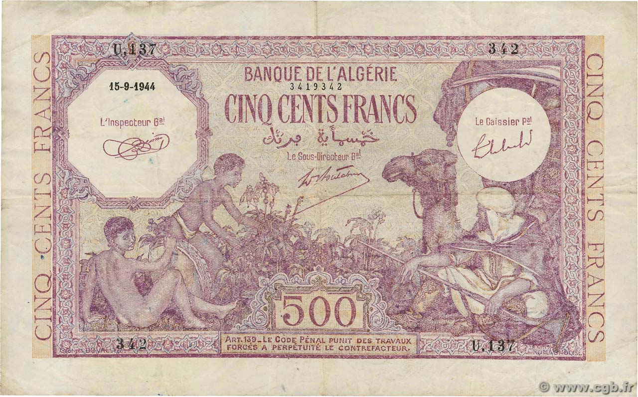 500 Francs ALGERIA  1944 P.095 VF