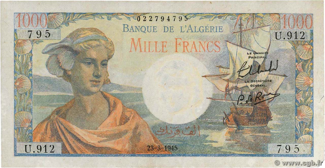 1000 Francs ALGÉRIE  1945 P.096 SUP