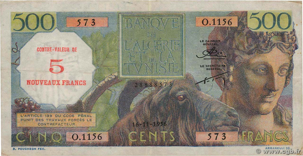 5 NF sur 500 Francs ALGERIA  1956 P.111 q.BB