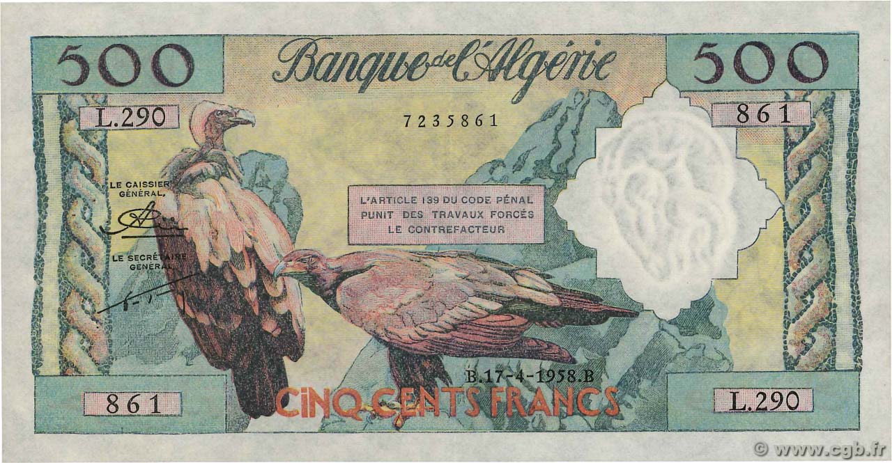500 Francs ARGELIA  1958 P.117 MBC