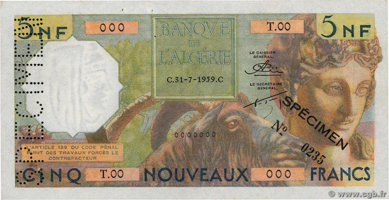 5 Nouveaux Francs Spécimen ARGELIA  1959 P.118s MBC+