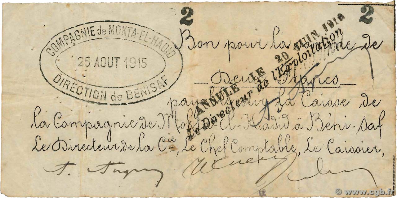 2 Francs Annulé ALGERIEN Bénisaf 1915 JPCV.13 fSS