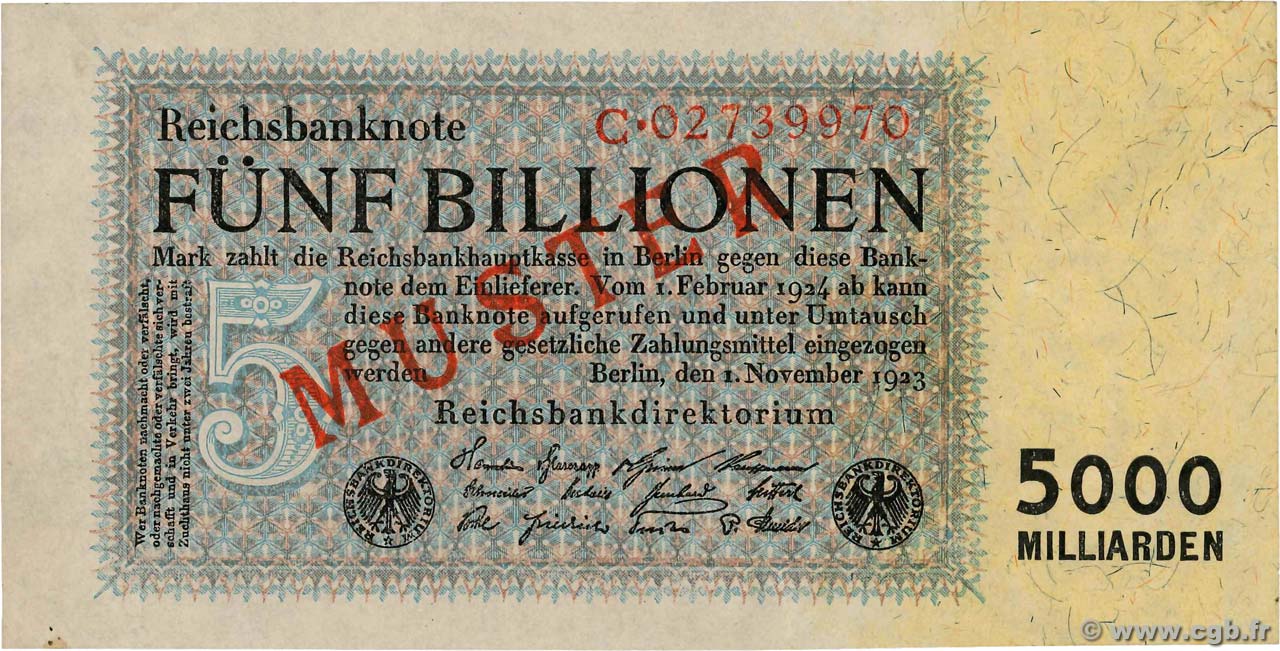 5 Billions Mark Spécimen GERMANIA  1923 P.130as q.AU