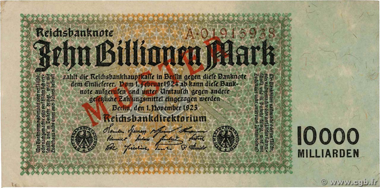 10 Billions Mark Spécimen GERMANIA  1923 P.131as q.AU