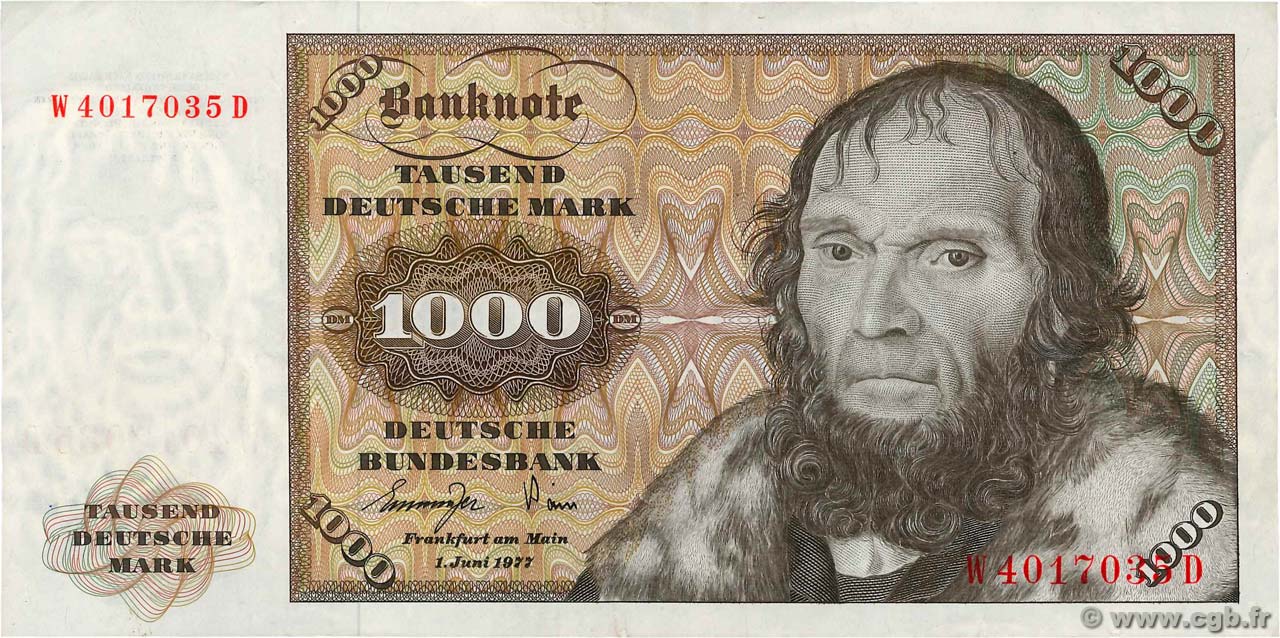 1000 Deutsche Mark GERMAN FEDERAL REPUBLIC  1977 P.36a VF