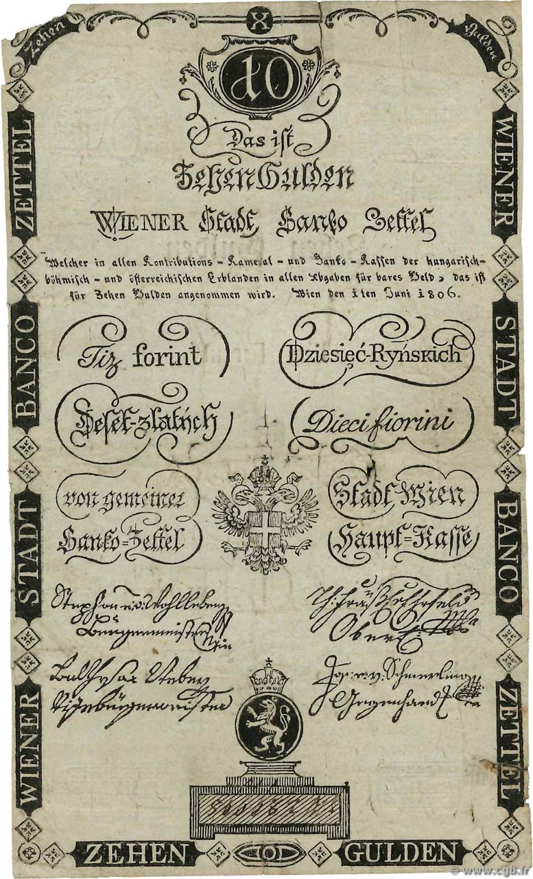 10 Gulden ÖSTERREICH  1806 P.A039a fS
