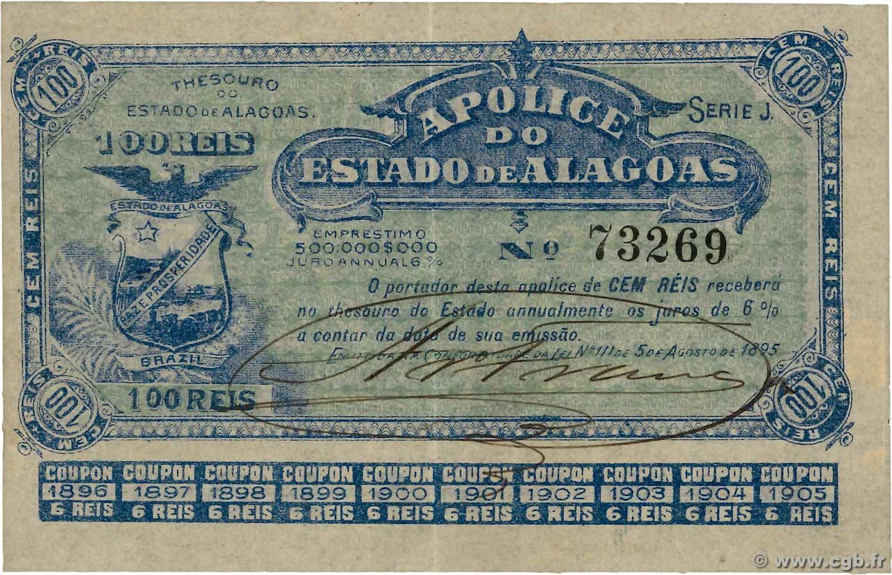 100 Reis BRAZIL  1895 PS.471 XF