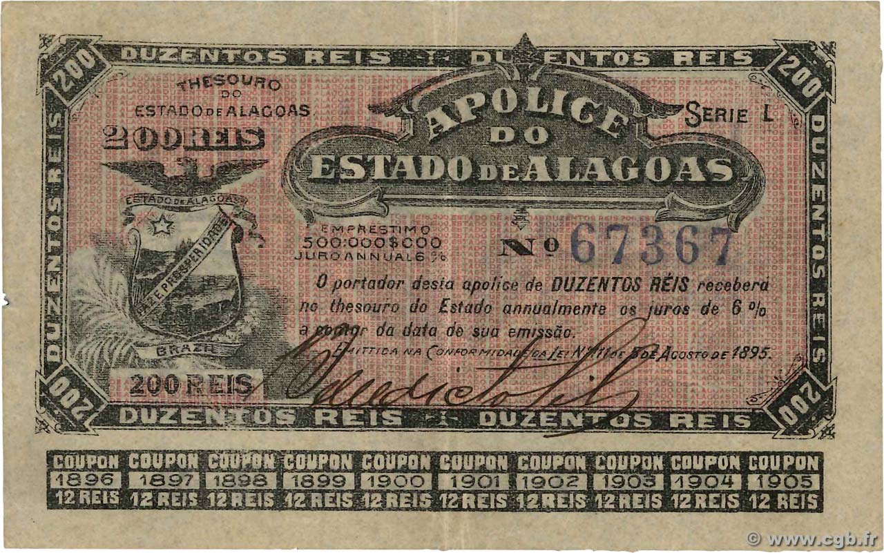 200 Reis BRAZIL  1895 PS.472 VF+