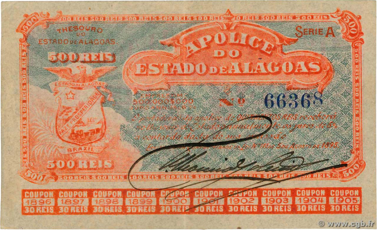 500 Reis BRAZIL  1895 PS.473 XF