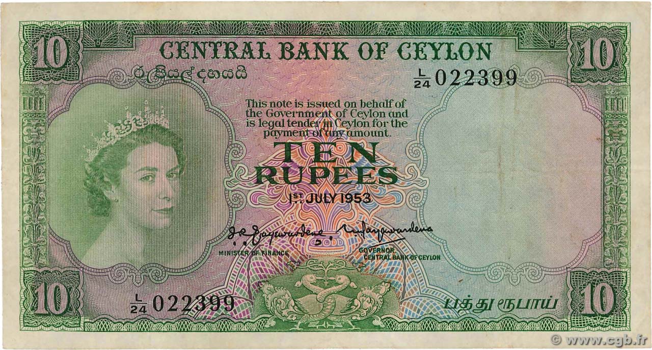 10 Rupees CEYLON  1953 P.055 VF
