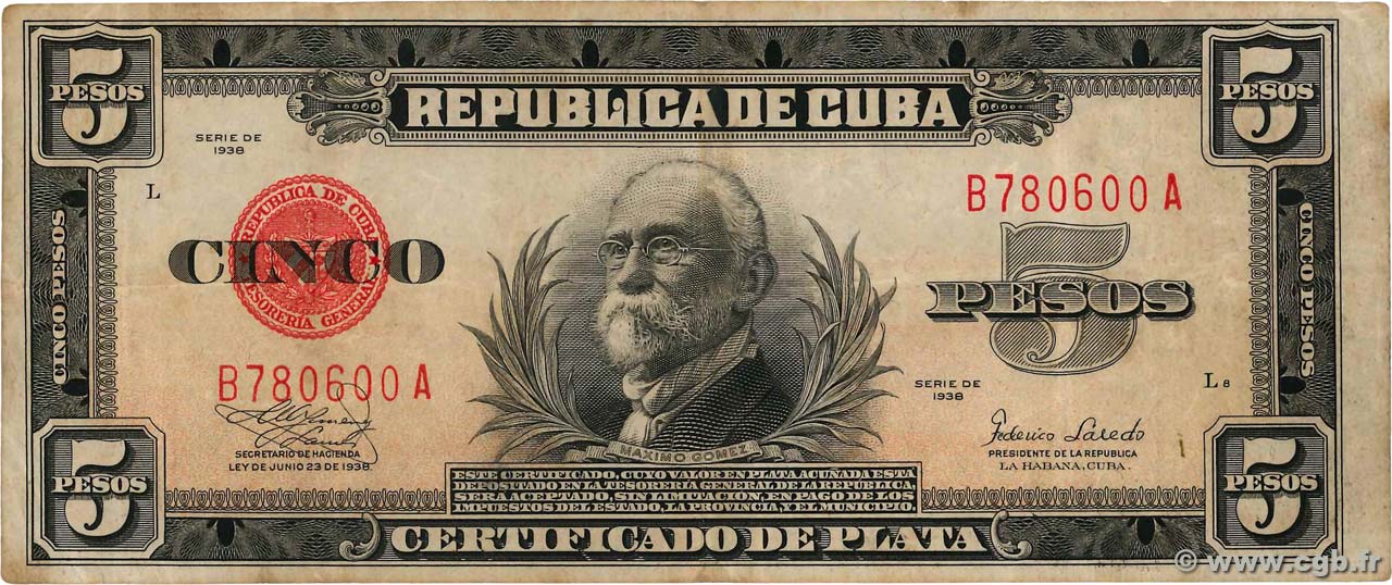 5 Pesos CUBA  1938 P.070d MBC